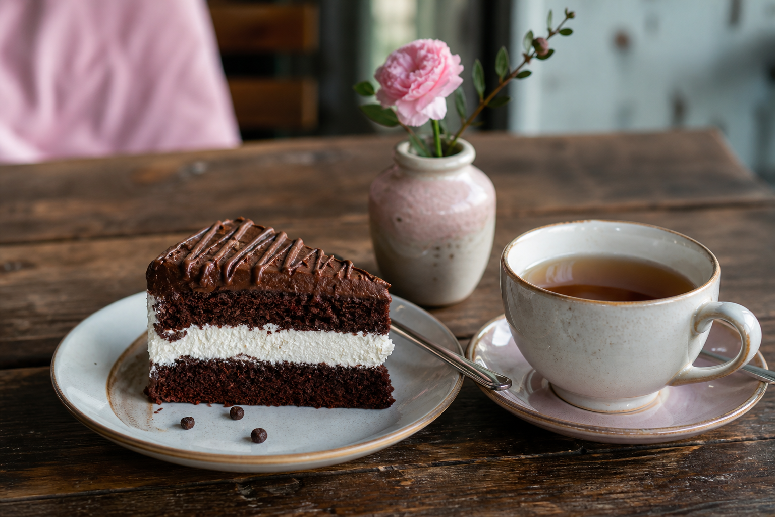 Schokoladenkuchen mit Tee auf einem Holztisch