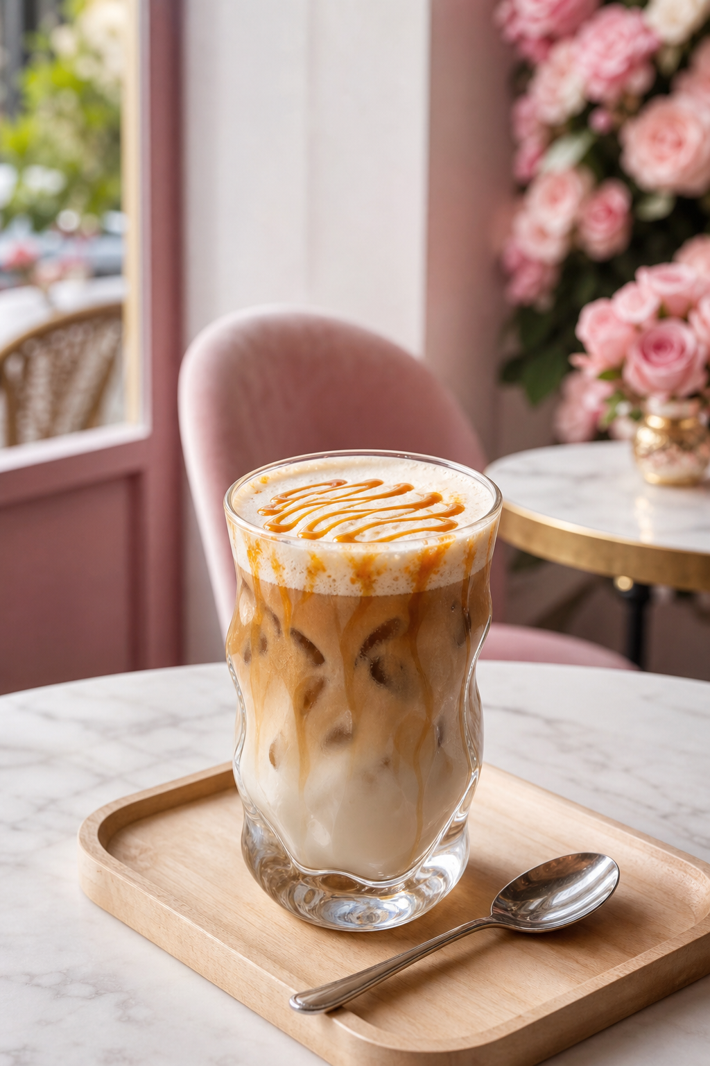 Cremiger Iced Coffee mit Karamell auf einem Holztablett