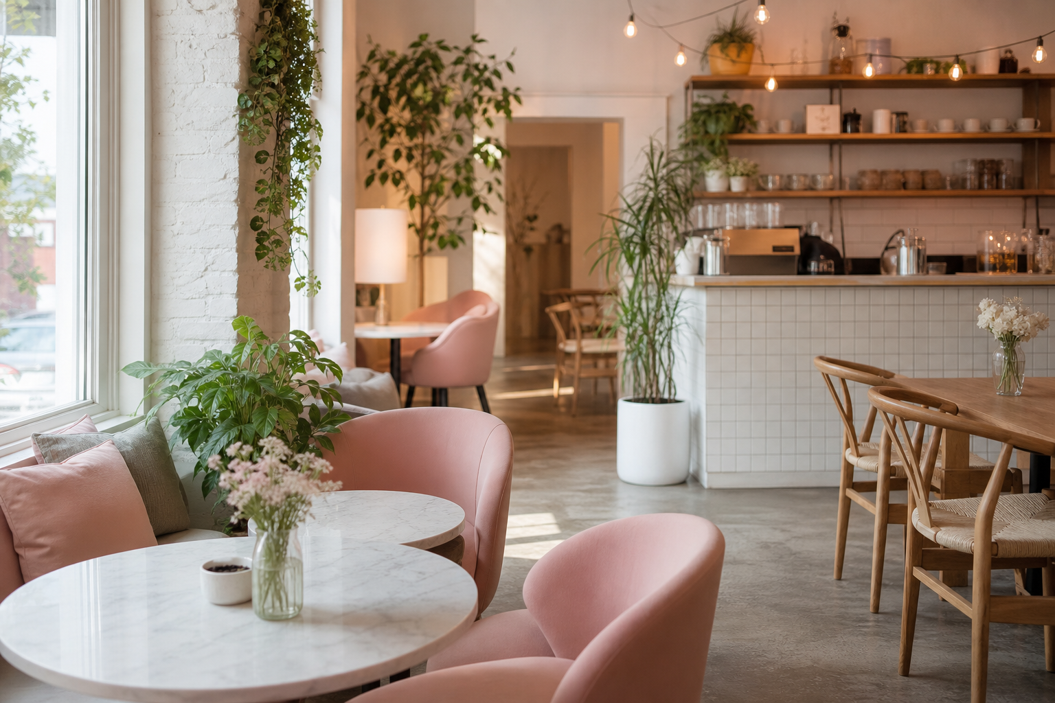 Heller Café-Innenraum mit rosa Sesseln und Pflanzen